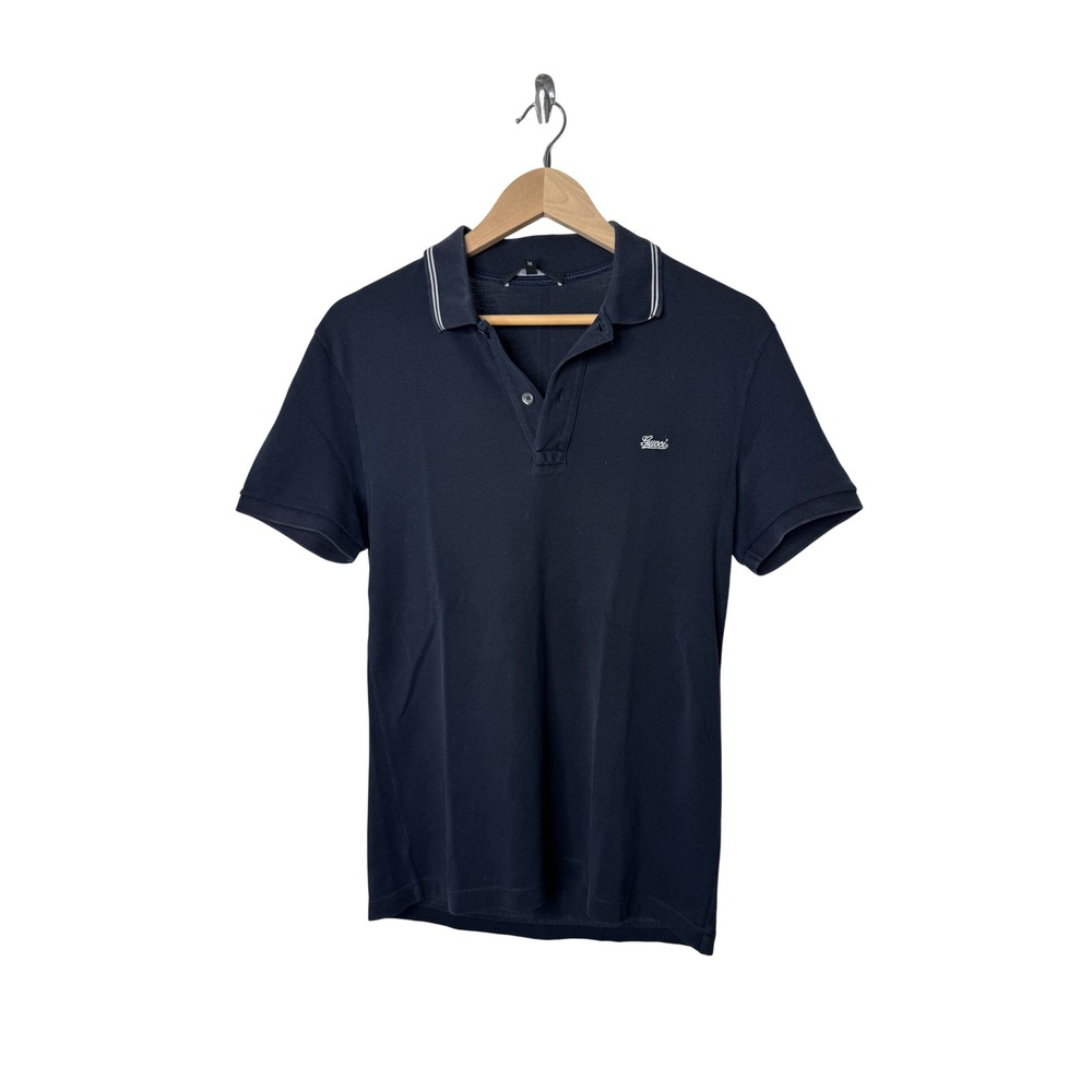 Gucci Mens Navy Blue Pique Cotton Tipped Collar Script Logo Polo Shirt Size M